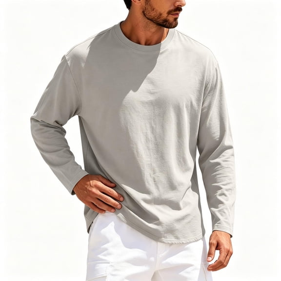 TKKCS Mens Cotton Long Sleeve Crew Neck T Shirts Lightweight Soft Casual Workout Loose Fit Pullover Tops Beige XL