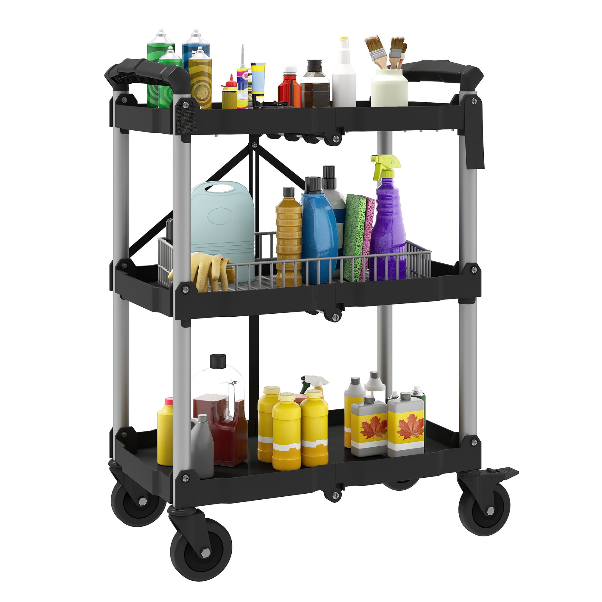 Uforic 3-Tier Heavy Duty Folding Service Cart, 240Lbs Capacity, Black Plastic with Aluminum Tubes, 58.5×39×83CM