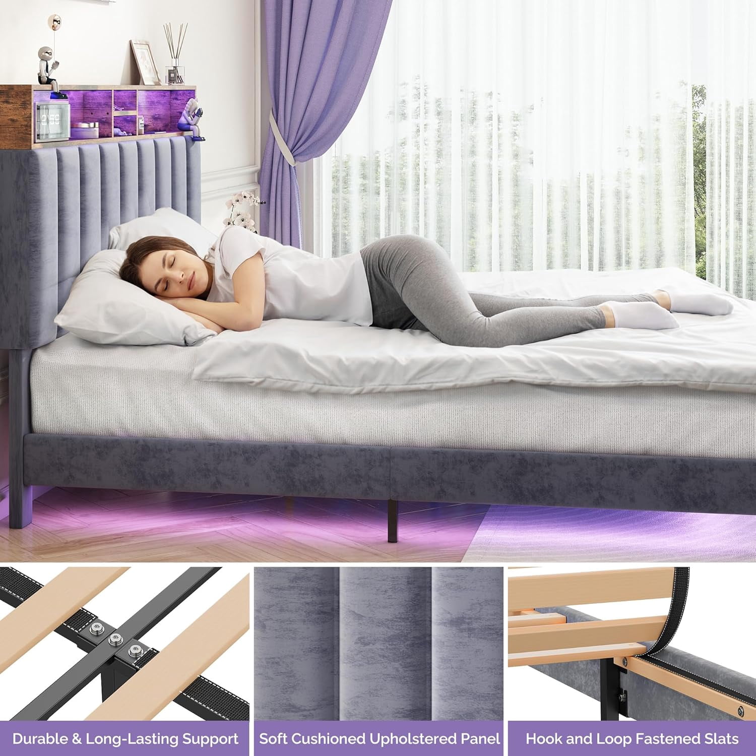 Sersper Full Size Platform Bed Frame with Storage Upholstered Headboard, Built-in Charging Station & RGB LED Lights, Noise-Free, Easy Assembly, Gray