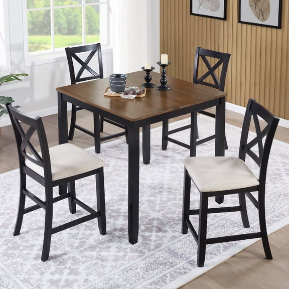 5-Piece Counter Height Dining Table Set with 4 Chairs, Classic Wooden Dining Table Set for 4, Timeless Farmhouse 4-Person Dining Table Set for Small Place, Kitchen, Dining Room, Black