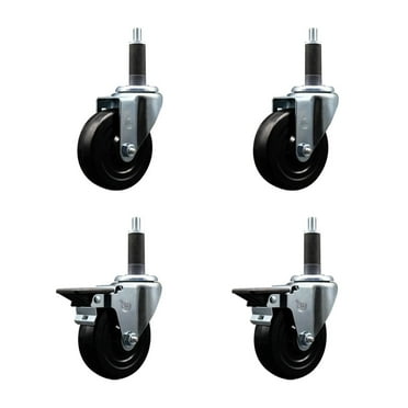 4 Inch Hard Rubber Wheel Swivel 1 Inch Expand Stem Caster Set 2 Brakes SCC