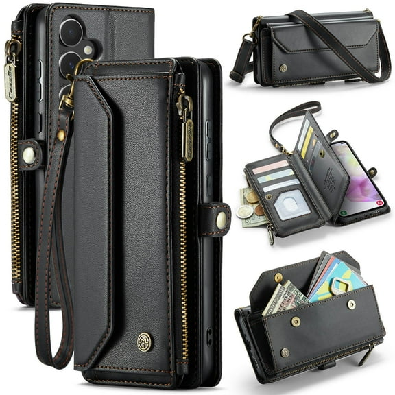 Crossbody for Samsung Galaxy A35 Case Wallet【RFID Blocking】with 10-Card Holder Zipper Bills Slot, Soft PU Leather Magnetic Shoulder Wrist Strap for Samsung Galaxy A35 Wallet Case Women