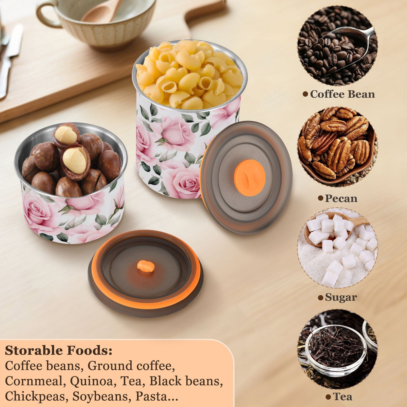 Pink Rose Flowers Airtight Coffee Bean Canister 30oz Food Storage Containers with Lids For Gournd, Tea, Sugar, Flour, Rice, Cereal, Candy Cookie Jar