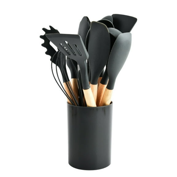 11 piece set of silicone kitchenware with wooden handle, non stick spatula kitchenware set with storage bucket, 12 piece set