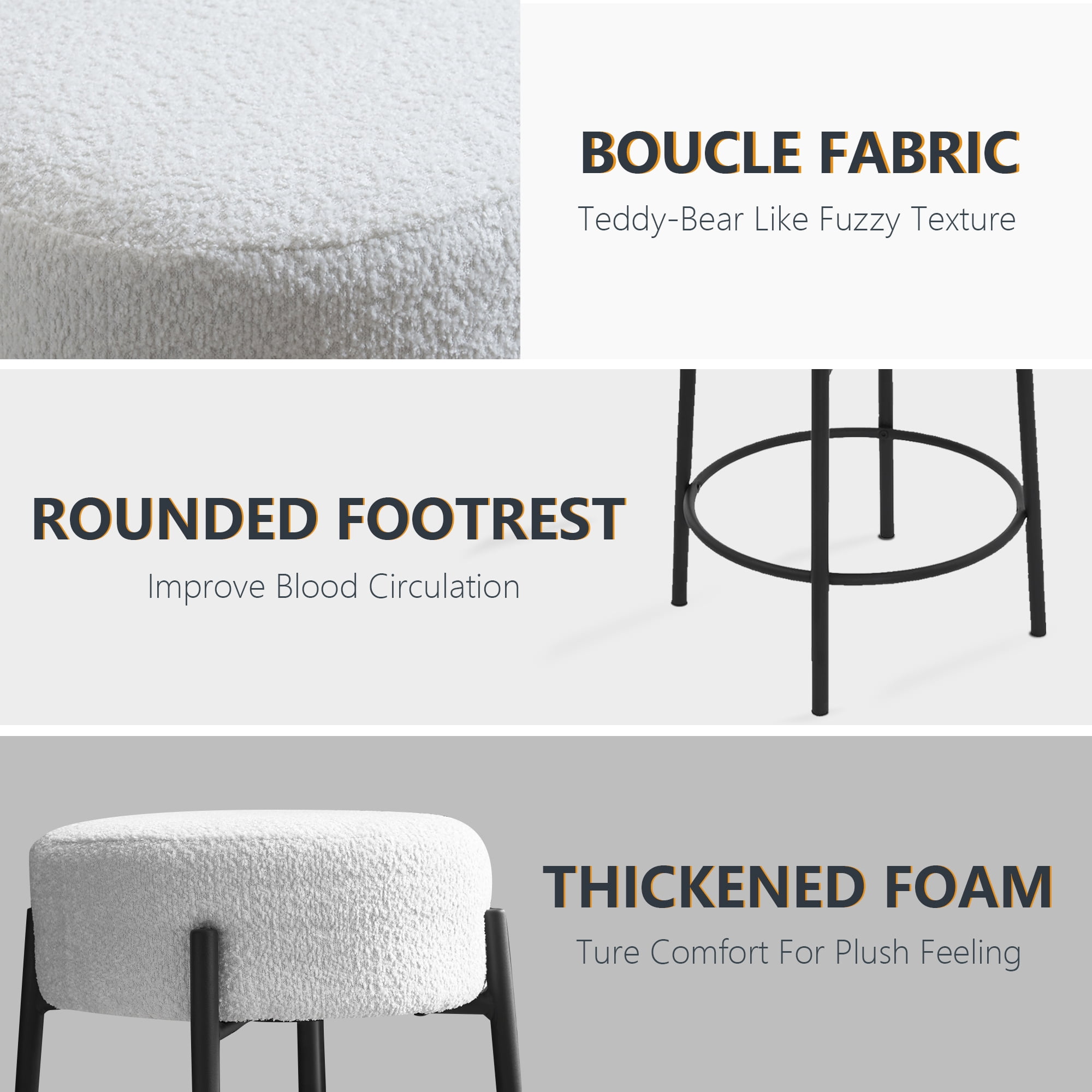 Miniyam Counter Height Bar Stools Set of 2,Boucle Kitchen Stools Upholstered Dining Chair Stools 24 Inch Height,White+Black