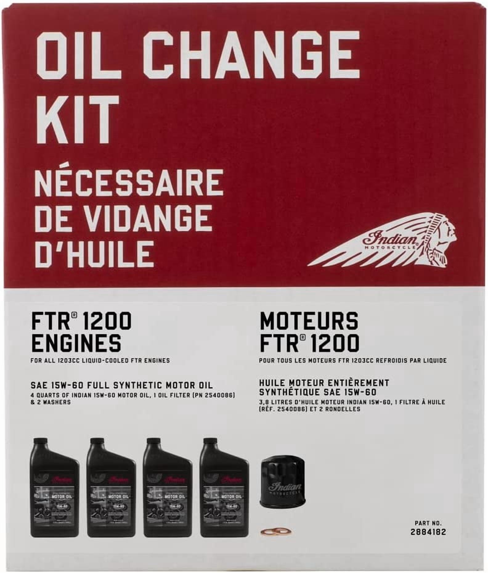 Indian Motorcycle Oil Change Kit for Specific FTR Models Including 1200, S, Rally, Sport, Carbon and More, Includes 4 Quarts 15W-60 Full Synthetic Oil, 1 Oil Filter, 2 Washers - 2884182