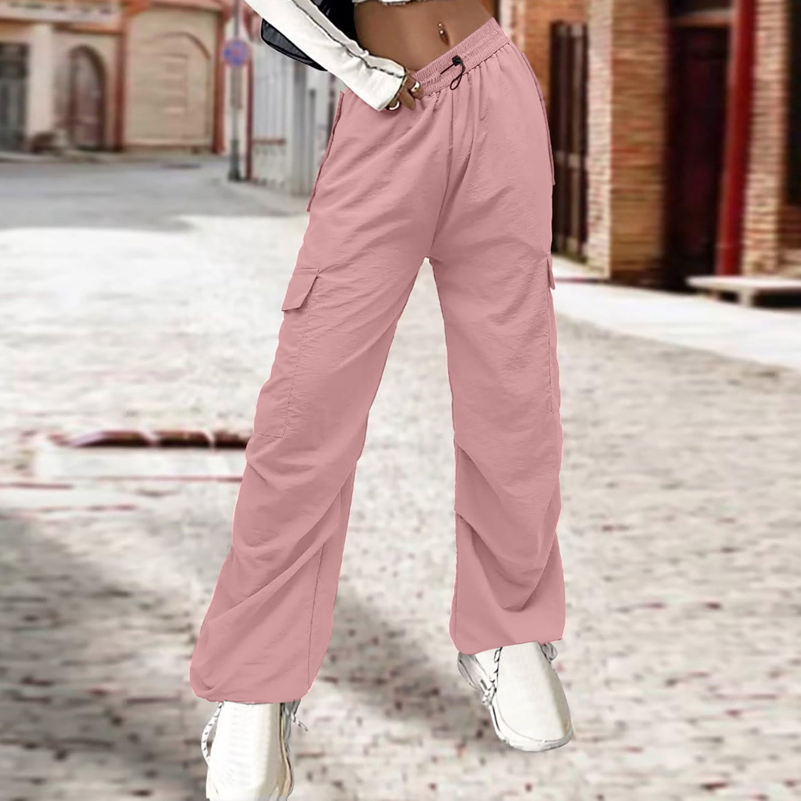 RYRJJ Parachute Pants for Women Baggy Cargo Pants Multi-Pocket Elastic Low Rise Y2K Pants Teen Girls Wide Leg Jogger Trousers Streetwear Pink S