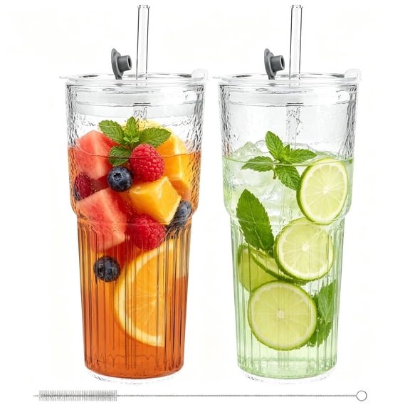 GARITIN Glass Tumbler with Lid and Straw, 20 Oz Ribbed Glass Cups 2 Pack, Leak‑Proof Iced Coffee Glass Cup with Cleaning Brush for Car Cup Holder
