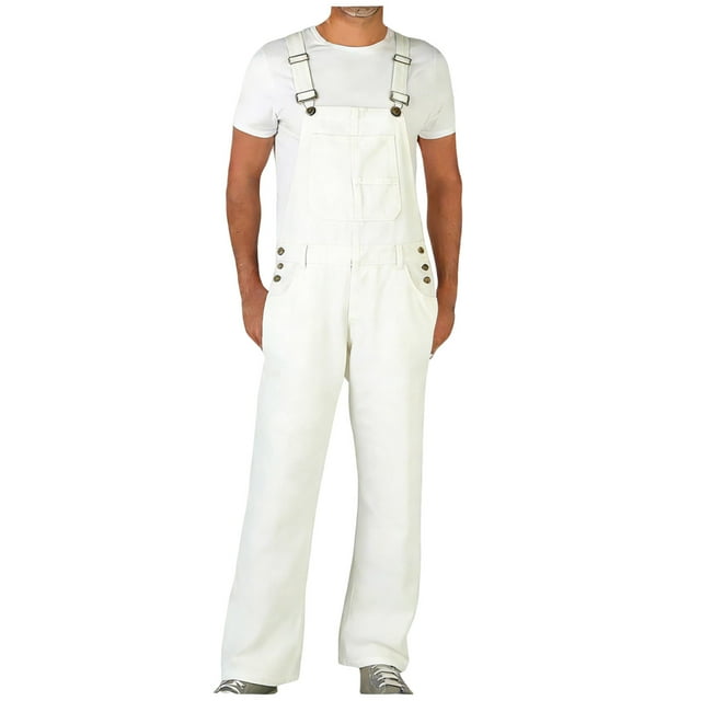 Men's Distressed Denim Bib Overalls, Loose Straight Leg Adjustable Strap Rugged Workwear Casual Jumpsuits with Pockets,White,M