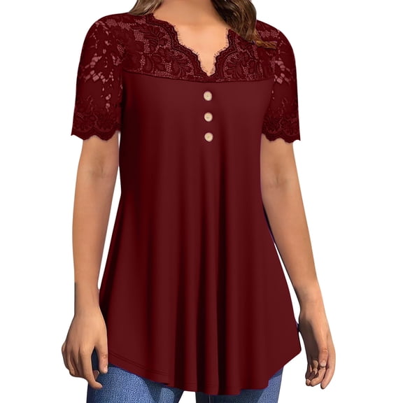 Ruimatai Women's V-Neck Lace Blouse Casual Short Sleeve Top with Solid Color Design for Everyday Comfort and Style