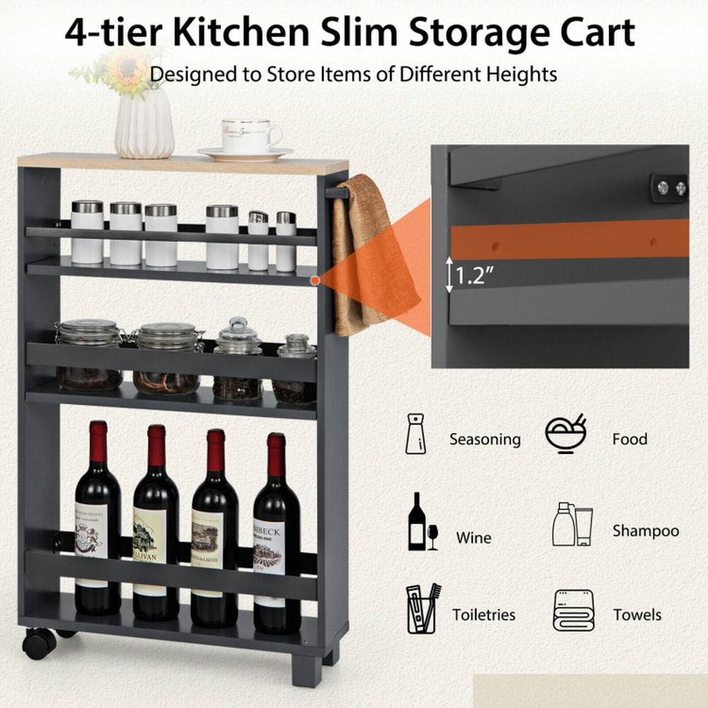Finihen Rolling Cart, Kitchen Island Cart, 4-Tier Slim Storage Kitchen Cart with Adjustable Shelves, for Kitchen, Dining Room, Gray Finihen Rolling Cart, Kitchen Island Cart, 4-Tier Slim Storage Kitchen Cart with Adjustable Shelves, for Kitchen, Dining Room, Gray