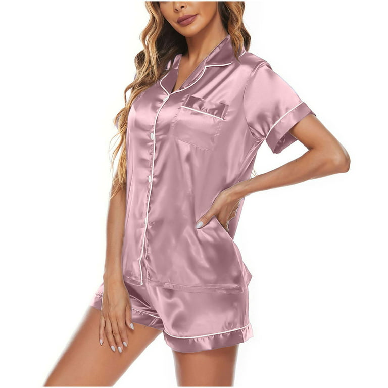 AherBiu Satin Pajamas Sets for Women Short Sleeve Button Down