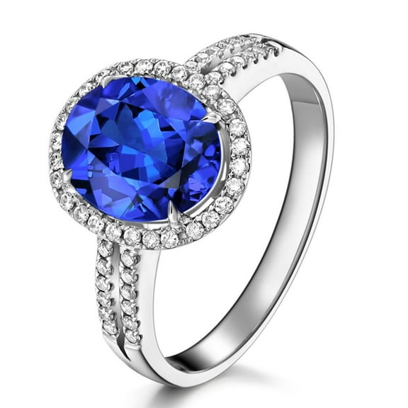 8x6mm Oval Shape 2 Carat Beautiful Blue Sapphire And Moissanite Diamond Halo Engagement Ring for Her in 10k White Gold