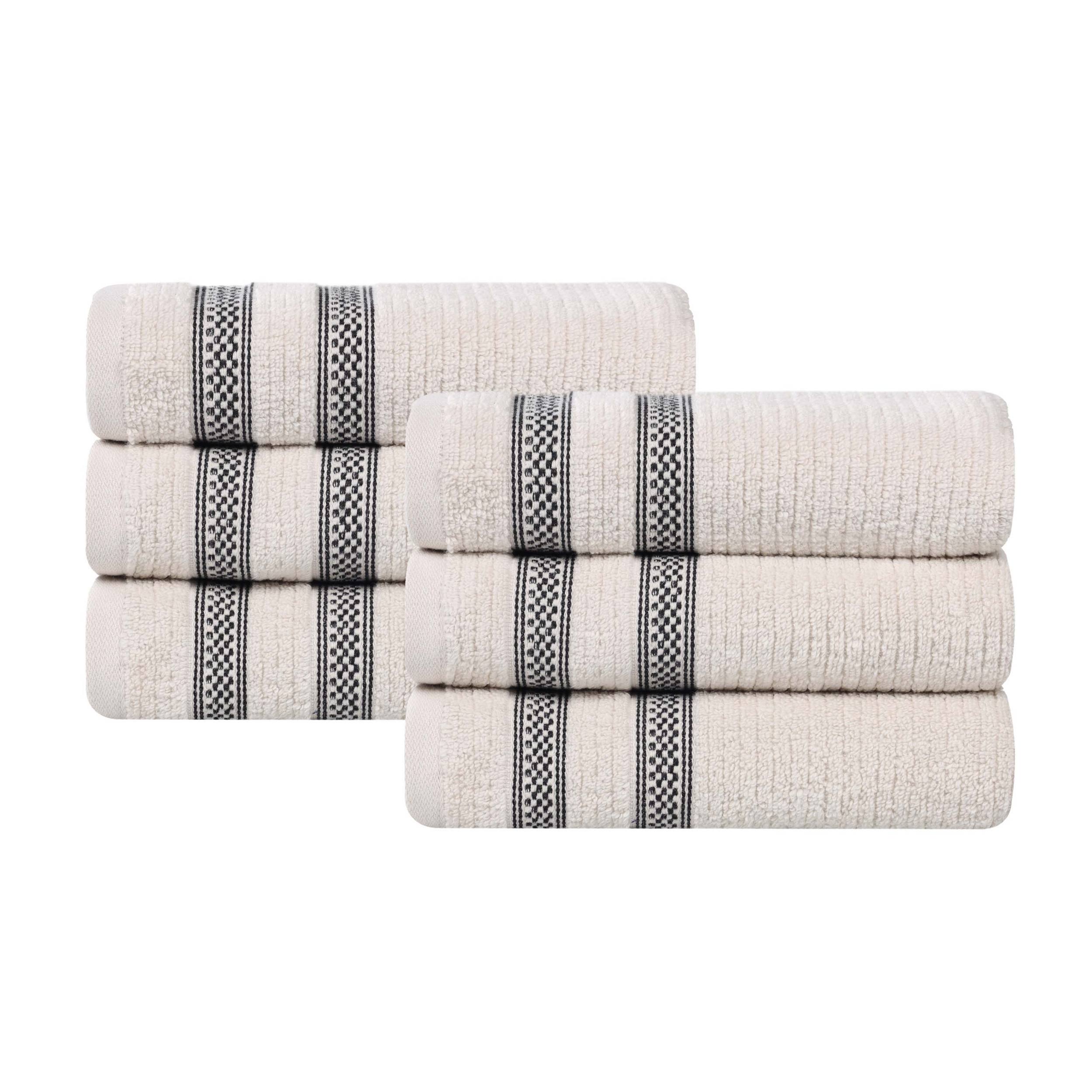 Superior Zero Twist Cotton Ribbed Geometric Hand Towel Set of 6, Ultra Soft Quick Dry, Stone