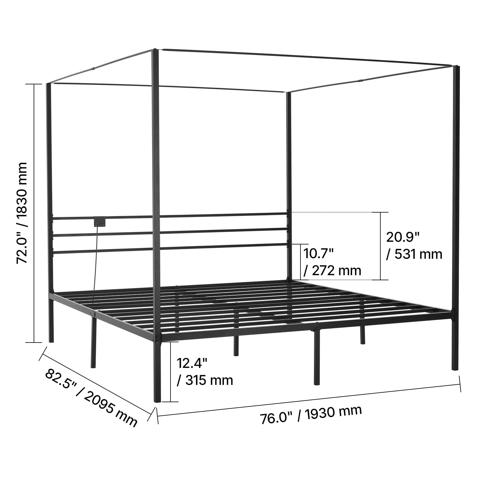 KFFKFF King Size Metal Canopy Bed Frame with Charging Station, Four-Post Design, Durable Steel Slats, Underbed Storage, No Box Spring Required, Simple Assembly, Black