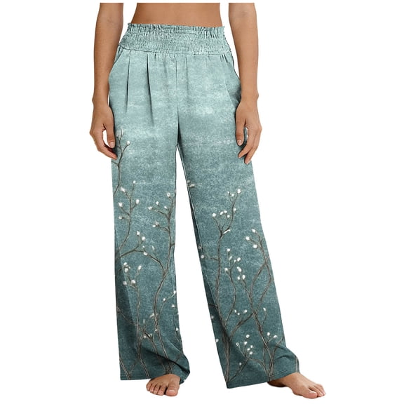 Ecqkame Pants for Women Casual Loose Floral Print Elastic High Waist Wide Leg Pants Lightweight Comfortable Trousers with Pockets Blue M