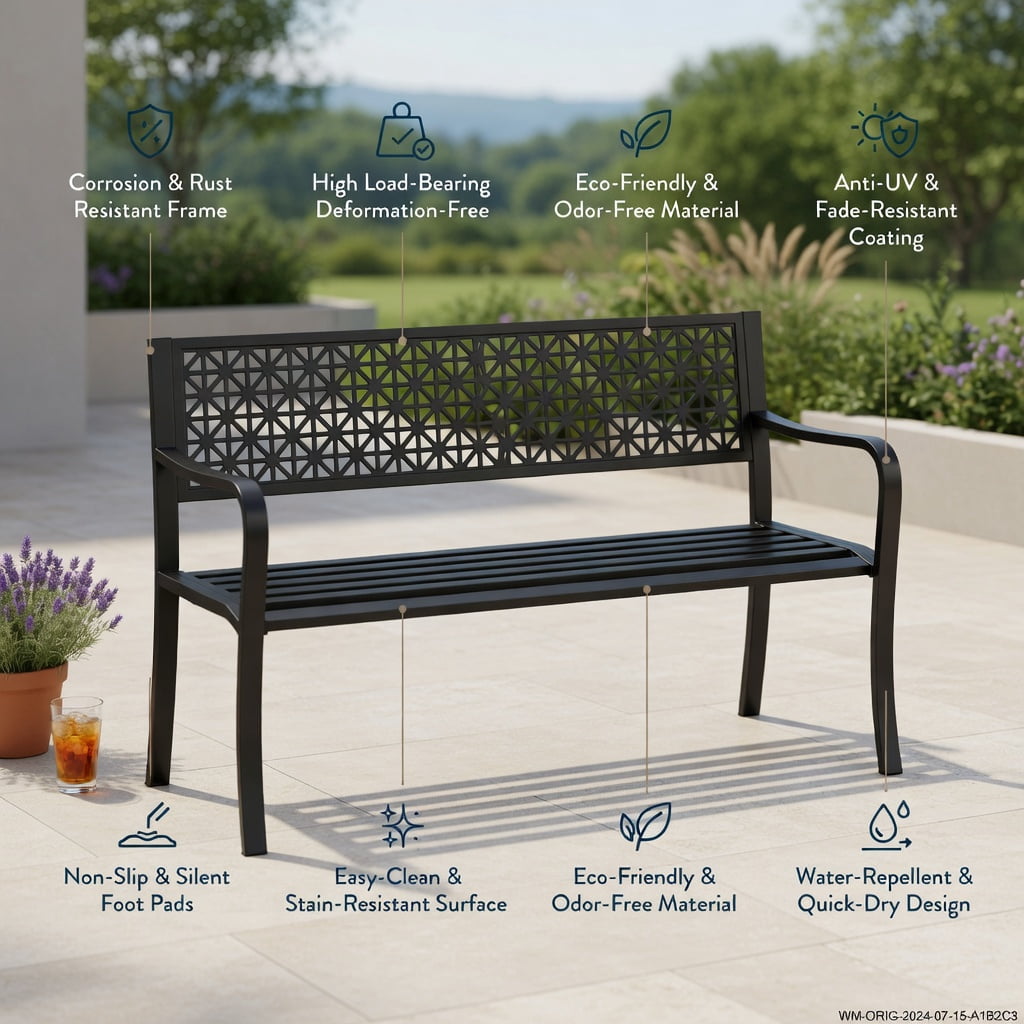 Hommoo 50" Metal Garden Bench for 2-3 People, Stylish Patterned Backrest, Curved Armrests, Heavy-Duty Outdoor Patio Seating, Black