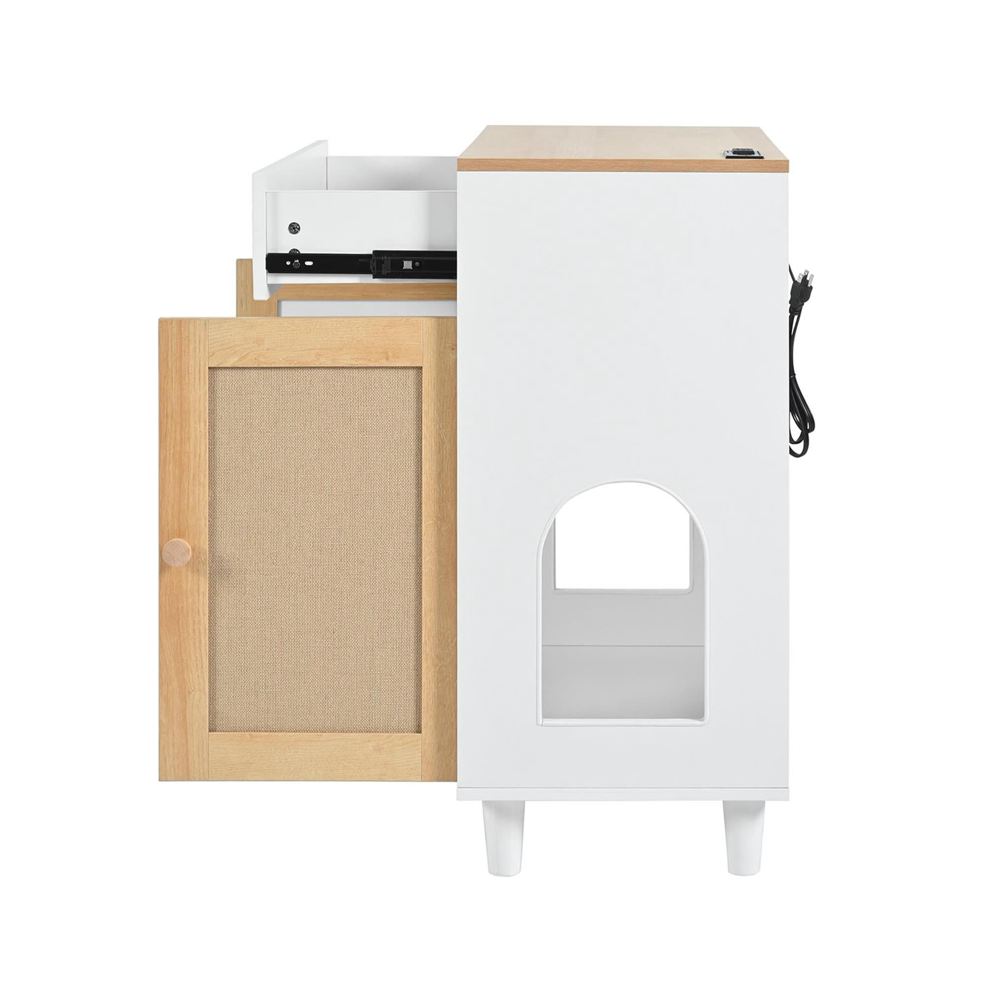 Pefilos 31" Cat Litter Box Enclosure, Hidden Cat Washroom Furniture with Charging Socket, Sisal Scratching Door, Cat House Enough for Most of Litter Box, White