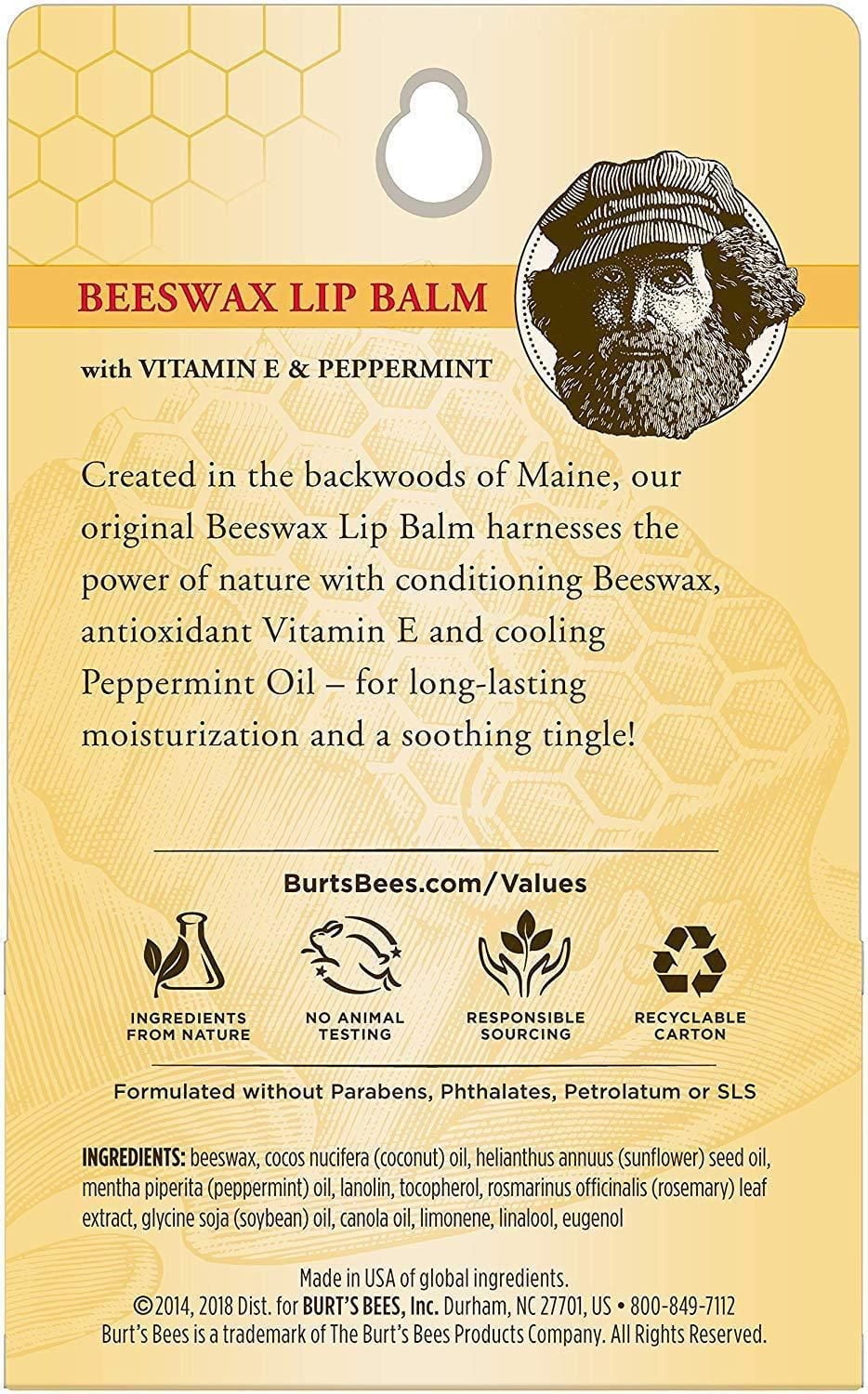 Burt's Bees 100% Natural Moisturizing Lip Balm, Original Beeswax with Vitamin E and Peppermint Oil -, 2 Pack