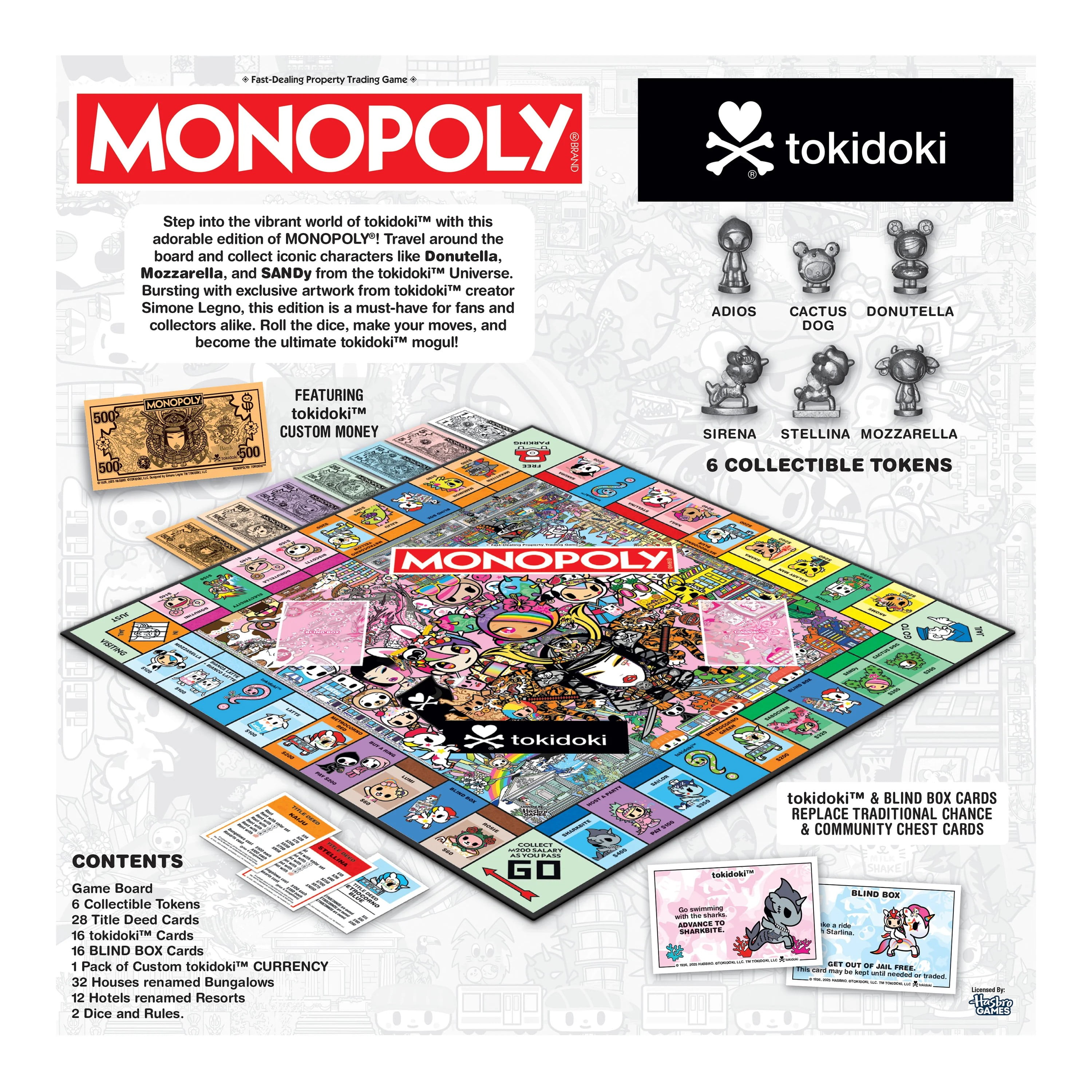 MONOPOLY: tokidoki Board Game, Buy, Sell & Trade Characters like Donutella, Mozzarella, & Stellina, Includes 6 Collectible Mover Tokens - Cactus Dog, Sirena, Adios & More,