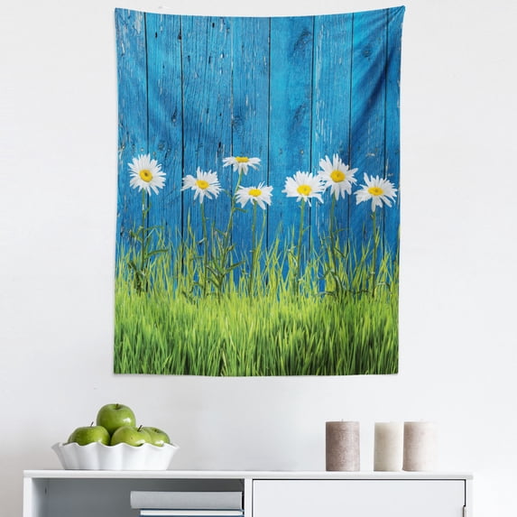Flower Tapestry, Fresh Springtime Grass and Daisy on Fence Summer Simple Vintage Style Print, Fabric Wall Hanging Decor for Bedroom Living Room Dorm, 5 Sizes, Blue Green White, by Ambesonne