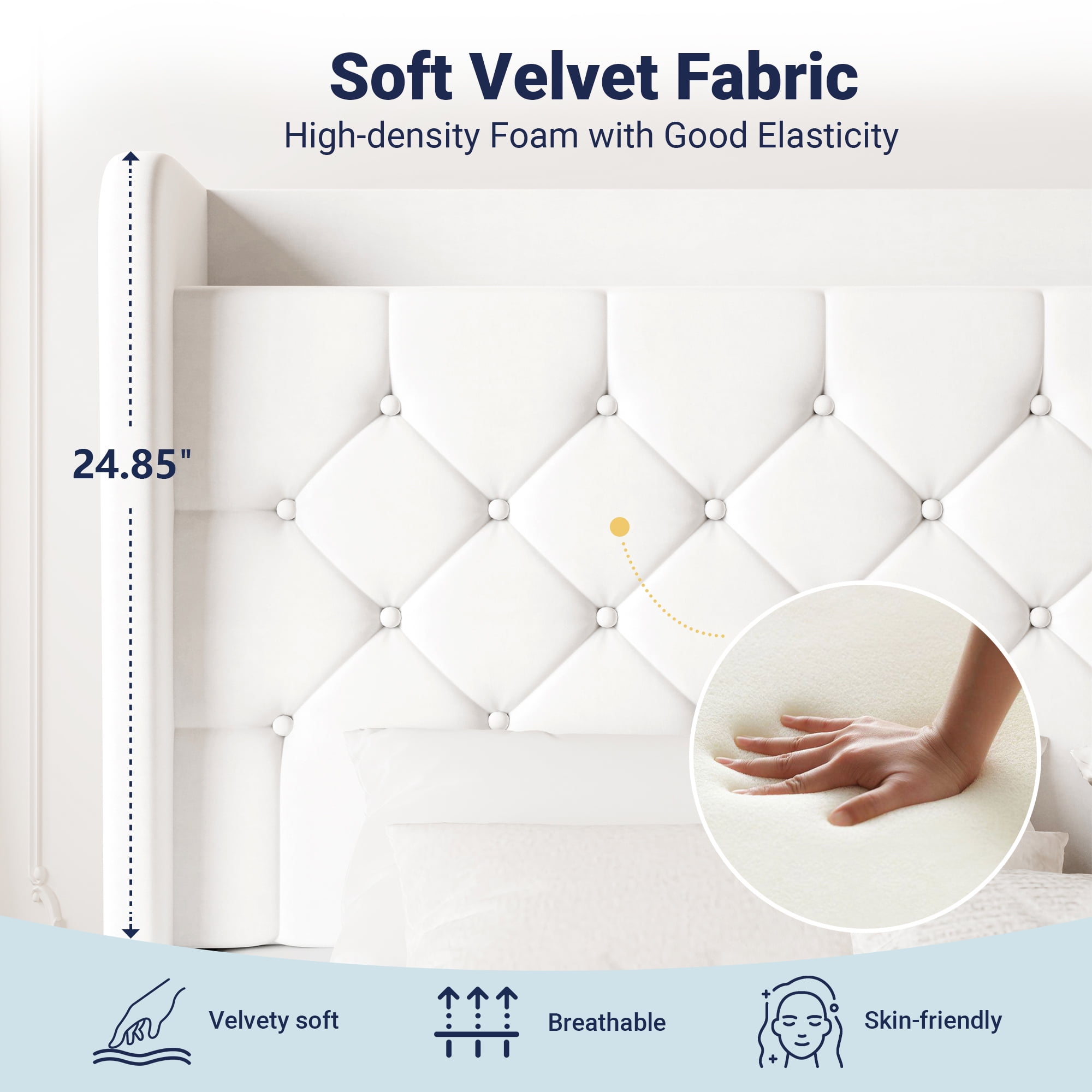 Allewie Queen Size Bed Frame, Storage Headboard with Charging Station, Wingback Velvet Upholstered, Diamond Stitched Button Tufted, Sturdy Wooden Slats, No Box Spring Needed, Easy Assembly, White