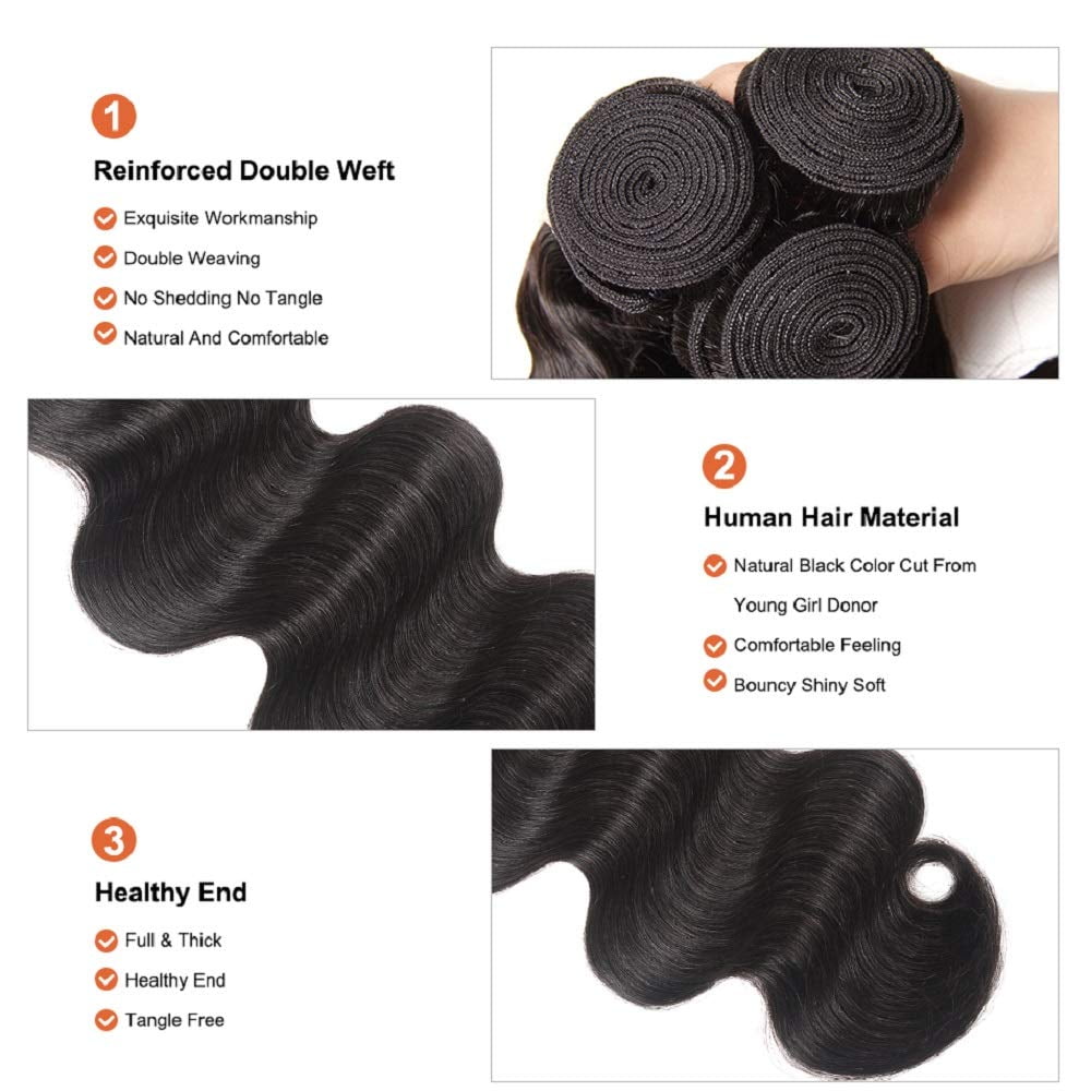 Ustar Brazilian Virigin Remy 100% Human Hair Weave Body Wave Natural Black Color 1B - 20,22,24 INCH (3 Bundles)