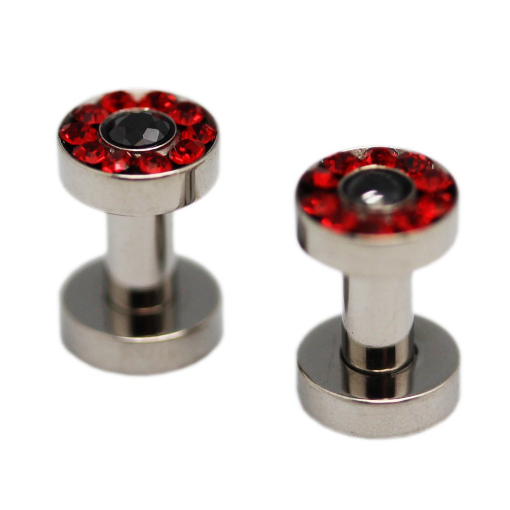 Body Jewelry Large Black Gem With Red Diamonds Screw On Ear Plug (3