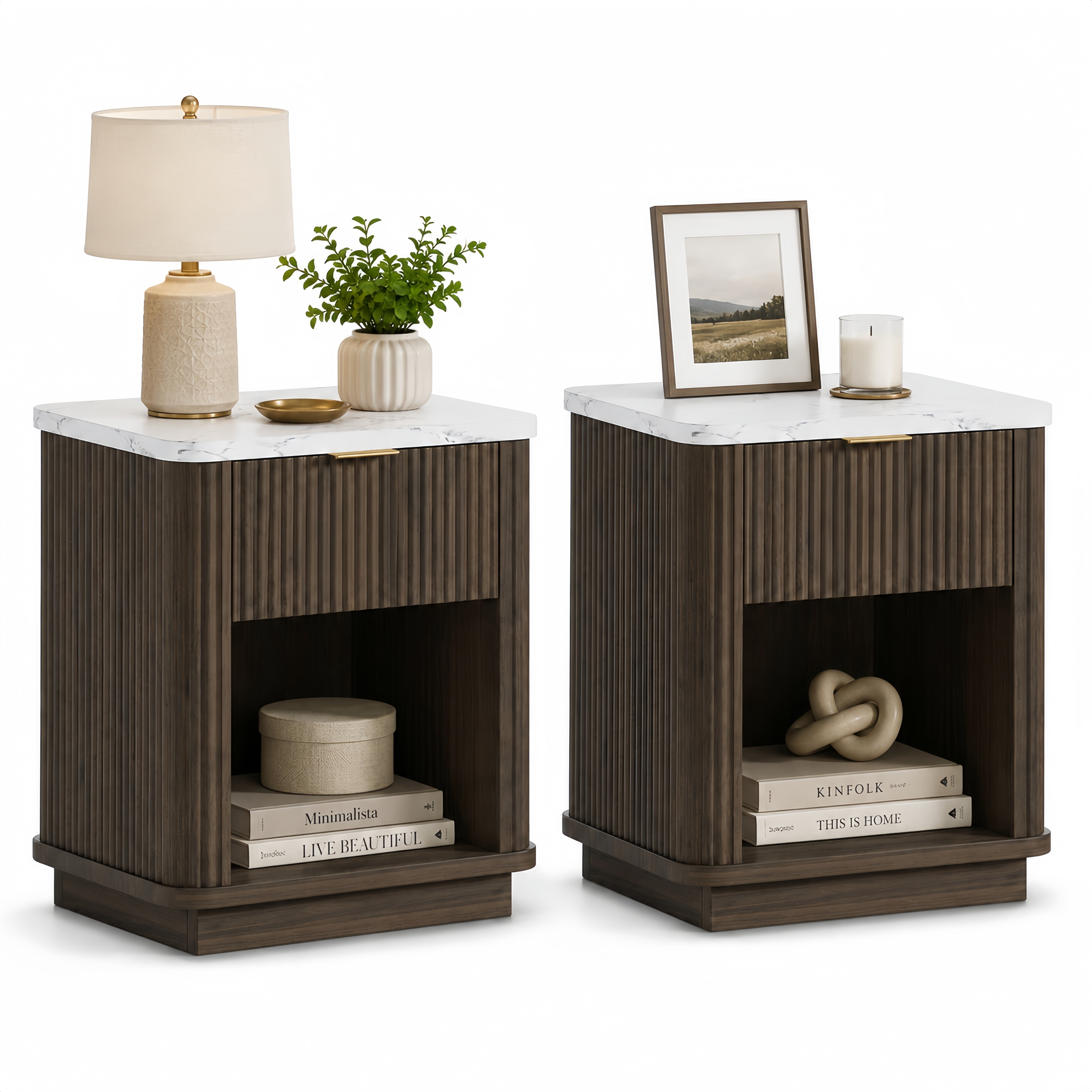 Nightstands Set of 2,Walnut Finish Fluted Nightstand with Storage Drawer and Open Shelf, Faux Marble-Look Top, Gold-Tone Handle, Modern Bedside Table and End Table for Bedroom, Guest Room, Dorm