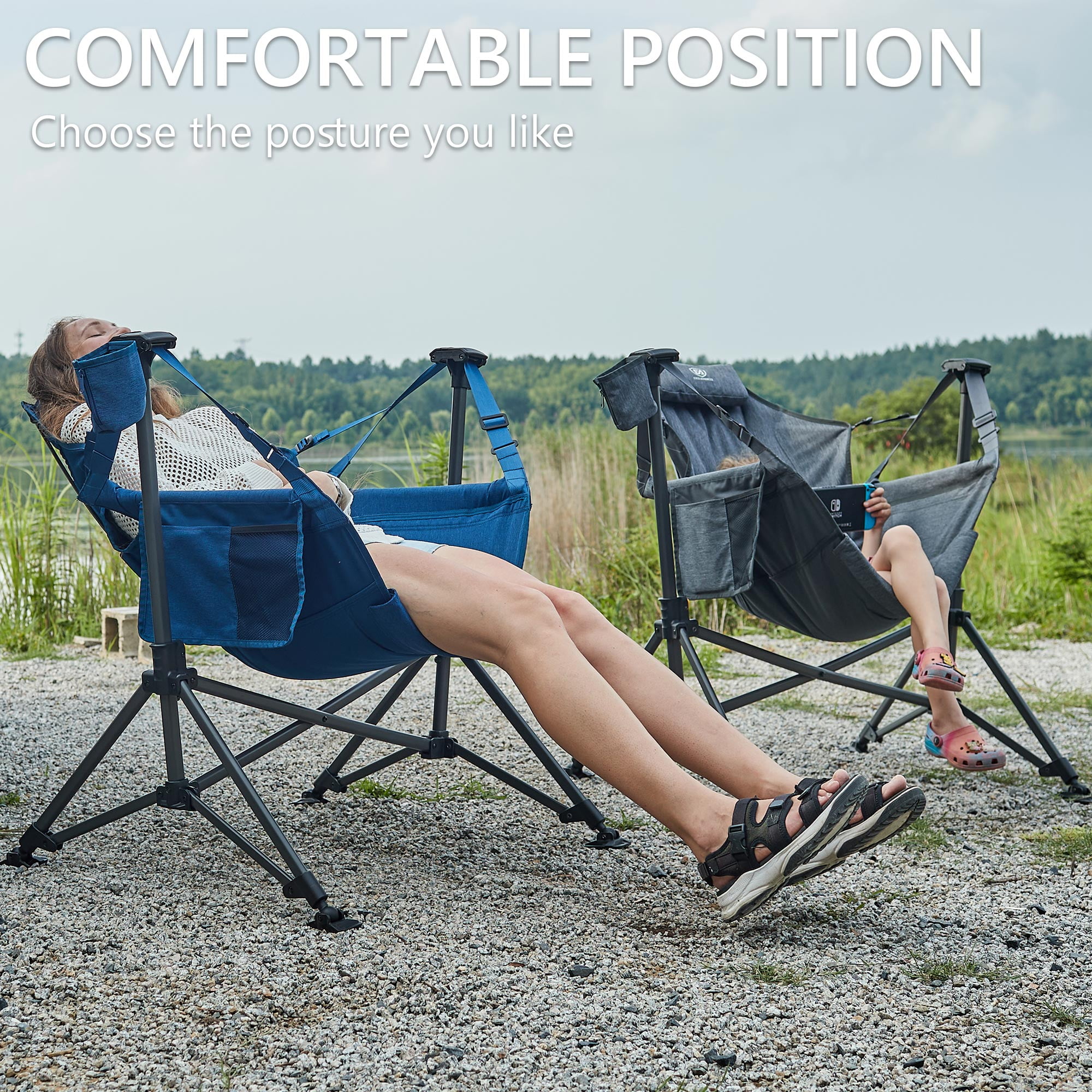 Hammock Camping Folding Chair for Outdoor with Adjustable Back and Padded Seat, Blue