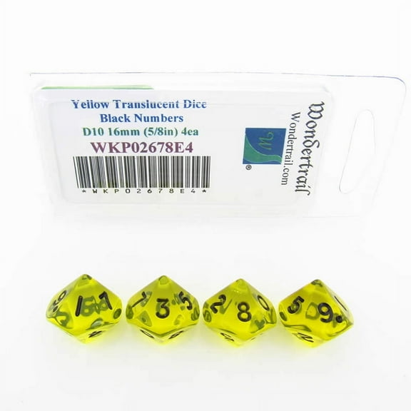 Yellow Transparent Dice with Black Numbers D10 16mm (5/8in) Pack of 4 Wondertrail