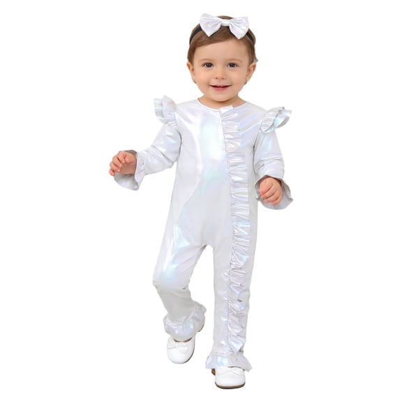 Miaeowve Toddler Baby Girls Metallic Romper Long Sleeve Ruffled Bodysuit Sparkly Birthday Party Outfit Ivory 12-18M