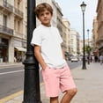 thumbnail image 4 of oelaio Boy's 2 Pieces Clothes Set Cotton Linen Summer Beach Outfits Short Sleeve Henley Shirts and Shorts Vacation Sets for Kids Pink 7 Years, 4 of 6