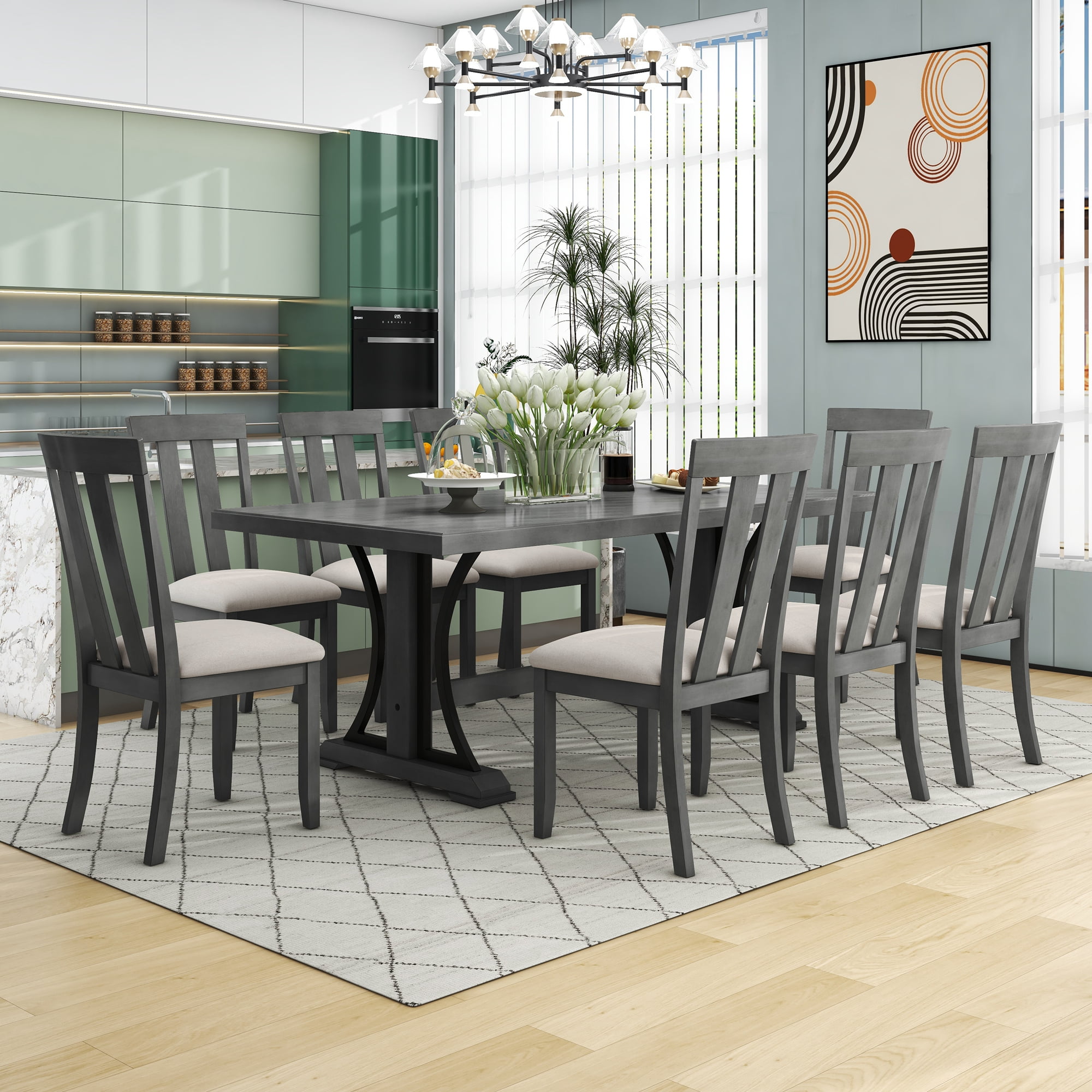Nysha 10 Piece Dining Room Set Charcoal Oak Wood Transitional Extendable Table 8 Scooped Fiddleback Chairs Buffet Server Walmart