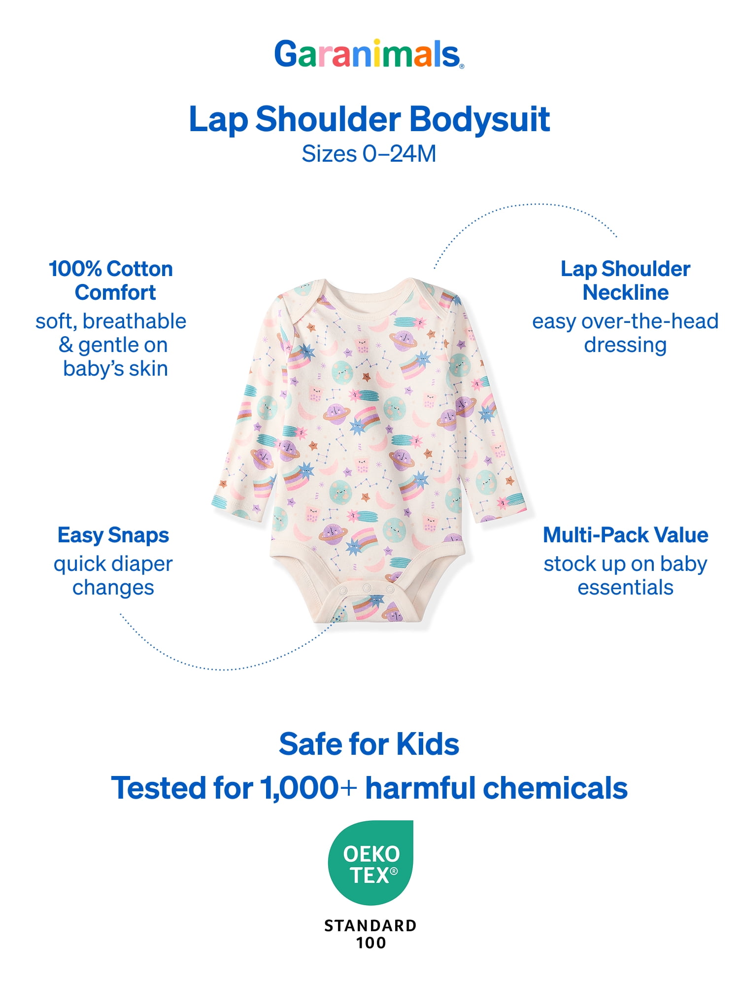 Garanimals Newborn & Baby 100% Cotton Long Sleeve Bodysuits, Sizes 0–24M, 4-Pack