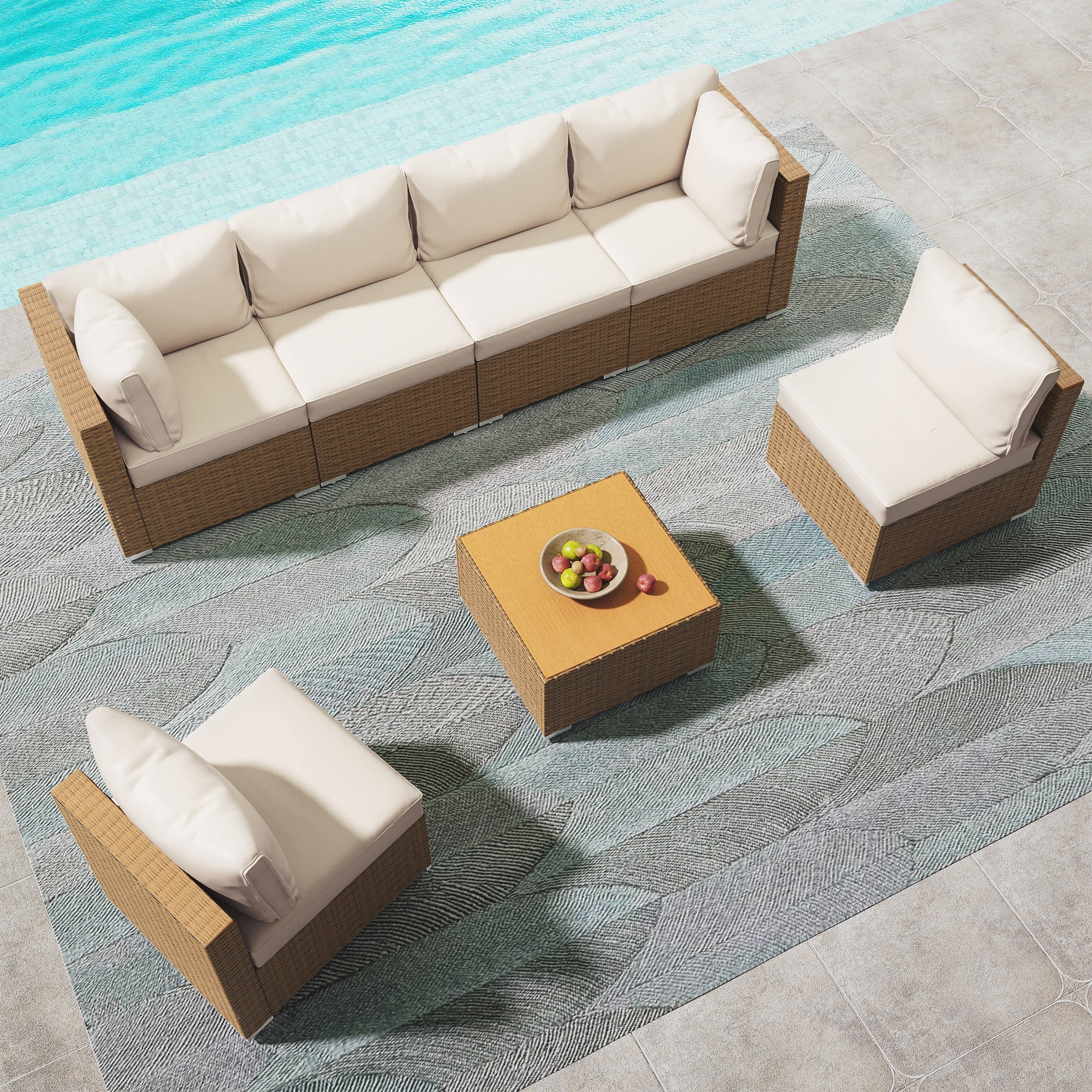 LAUSAINT HOME 7 Pieces Outdoor Furniture Set, Patio Sectional Coversation Set with 6 Chairs and 1 Coffee Table, Beige Cushions & Brown Wicker