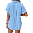 thumbnail image 4 of Pxiakgy Women Linen Button Down Shirt Rolled Cuffed Short Sleeve Blouse Ladies Summer Casual V Neck Beach Double Layer Wrinkled Fabric Tops Batwing Sleeve Pocket Patched Shirt Sky Blue Xl, 4 of 6