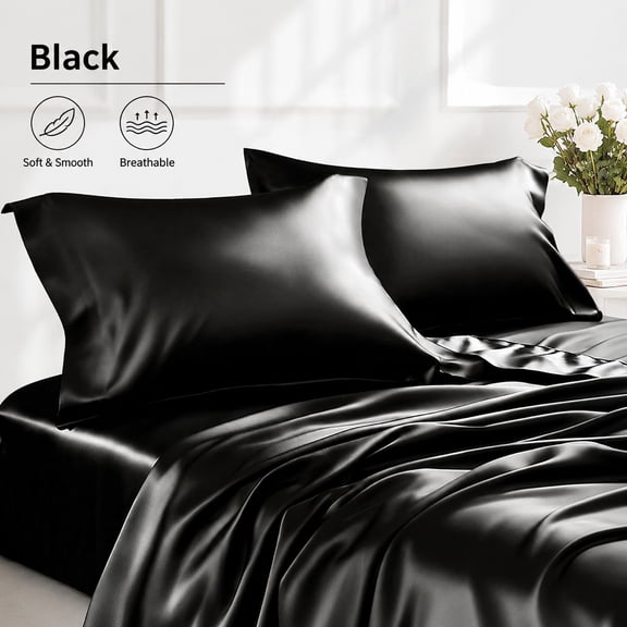 Satin Sheets Queen Size Bed Set Black 4 Pieces Bedding Sheet Set Soft & Comfortable