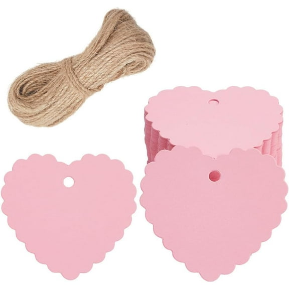 100Pcs Pink Heart Gift Tags 2.4x2.56 Lace Edged Paper Gift Tags Blank Hang Tag with 65.6Ft(20m) Jute Twine Hanging Labels for Christmas Valentine's Day Wedding DIY Craft Party Favor Supplies