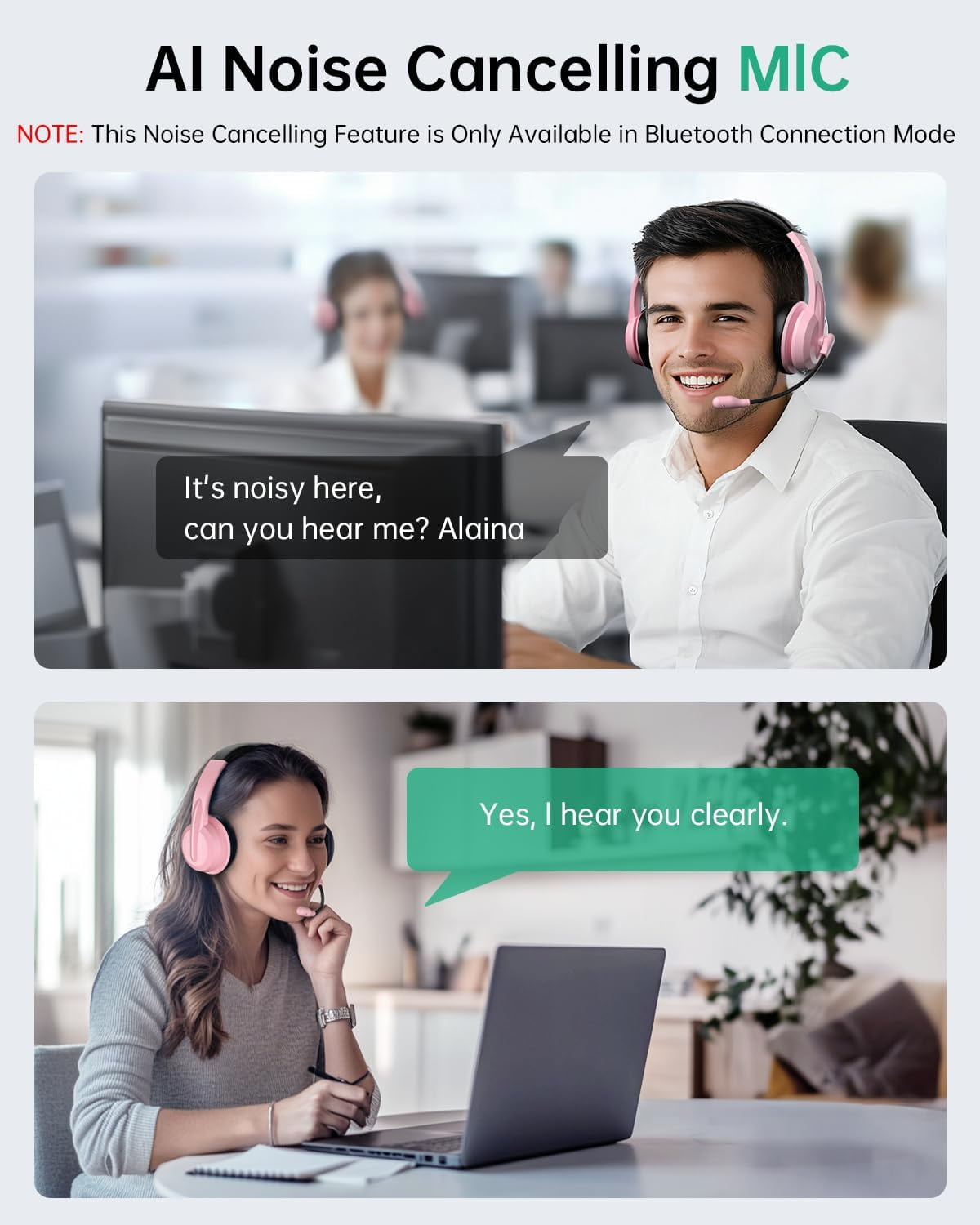 Froura 2.4GHz Wireless Headset with Microphone for Work with AI Noise Cancelling & Mic Mute, Bluetooth V5.3 Headphones with Microphone for Computer, Mac, Laptop, Phone, Zoom, Call Center - Pink