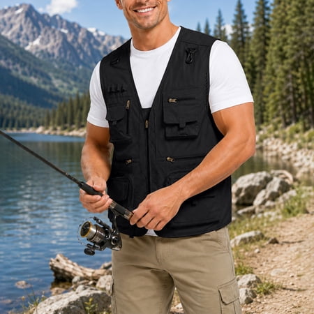 Men's V Neck Multi Pocket Mesh Back Fishing Vest Lightweight Breathable Zip Up Sleeveless Waistcoat for Fishing Hiking Photography Outdoor Wear Black XXXXL