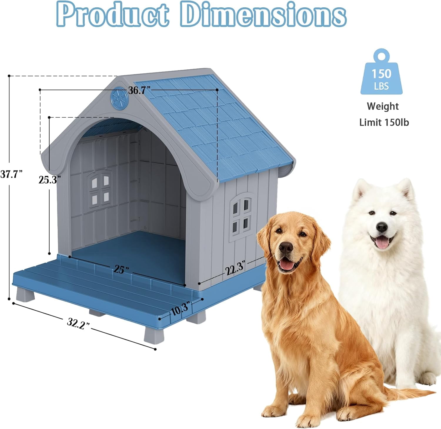 VIXZEN Large Dog House Outdoor, Plastic Weatherproof Dog House Outdoor with Elevated Floor Open Front Easy Clean & Assemble Dog Houses for Large Dogs Outside (Blue Gray)