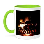 3dRose, Photgraph of a very hot fire in an outdoor fireplace., 15oz Two-Tone Green Mug