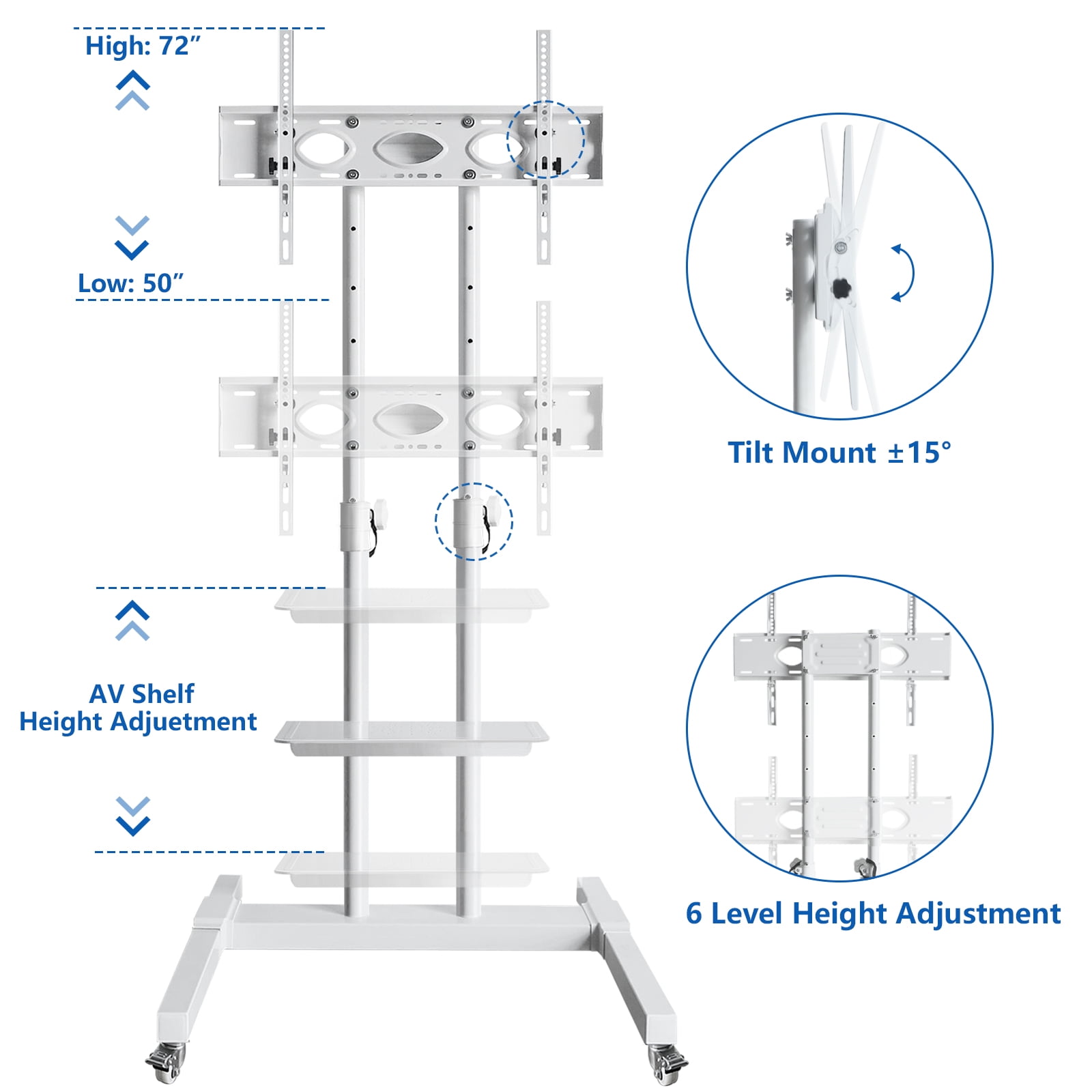 RTVR Tall TV Stand with Wheels for 32 to 85 inch Flat Panel TVs Tilt Floor Trolley Stand Cart, Morden White Shelf