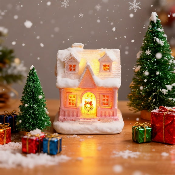 Christmas Village Figurines Decoration, Lighted LED Christmas Village Houses for Xmas Town Scene Desk Battery Operated Landscape Decor, 1 Pcs, 1.97x1.8x2.9"