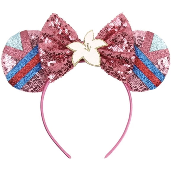 Mouse Ears Pink Flower Headband, Sequin Bows Flower Headwear Hair Accessories for Women Girls Princess Party