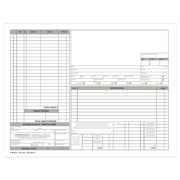 Auto Repair Check 3Part Carbonless Invoice Form Pad / 50 Sets / 8.5" x