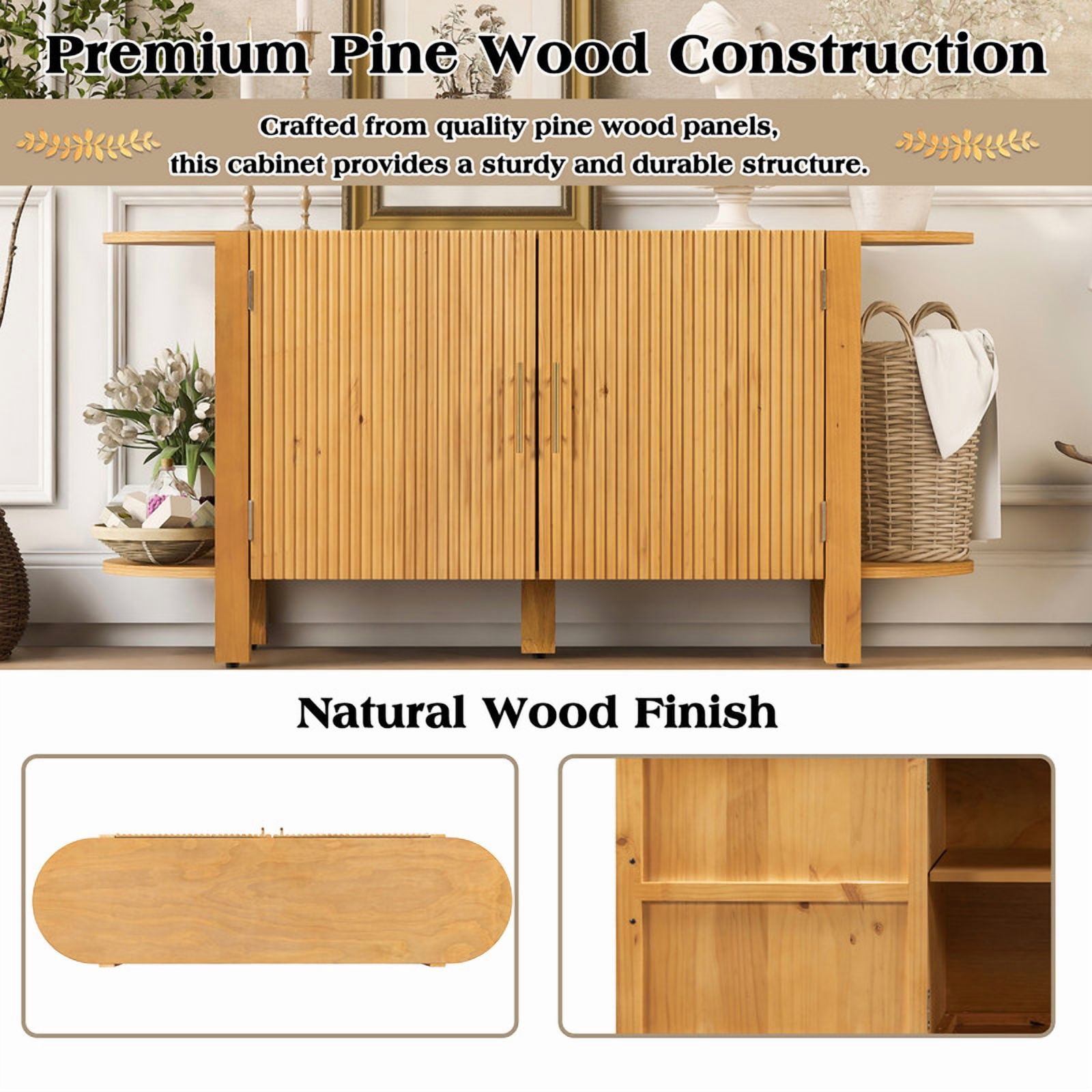 Accent Wavy Texture Buffet Table with Curved Extension Shelf, Mid-Century Modern Sideboard Storage Cabinet with Adjustable Shelf