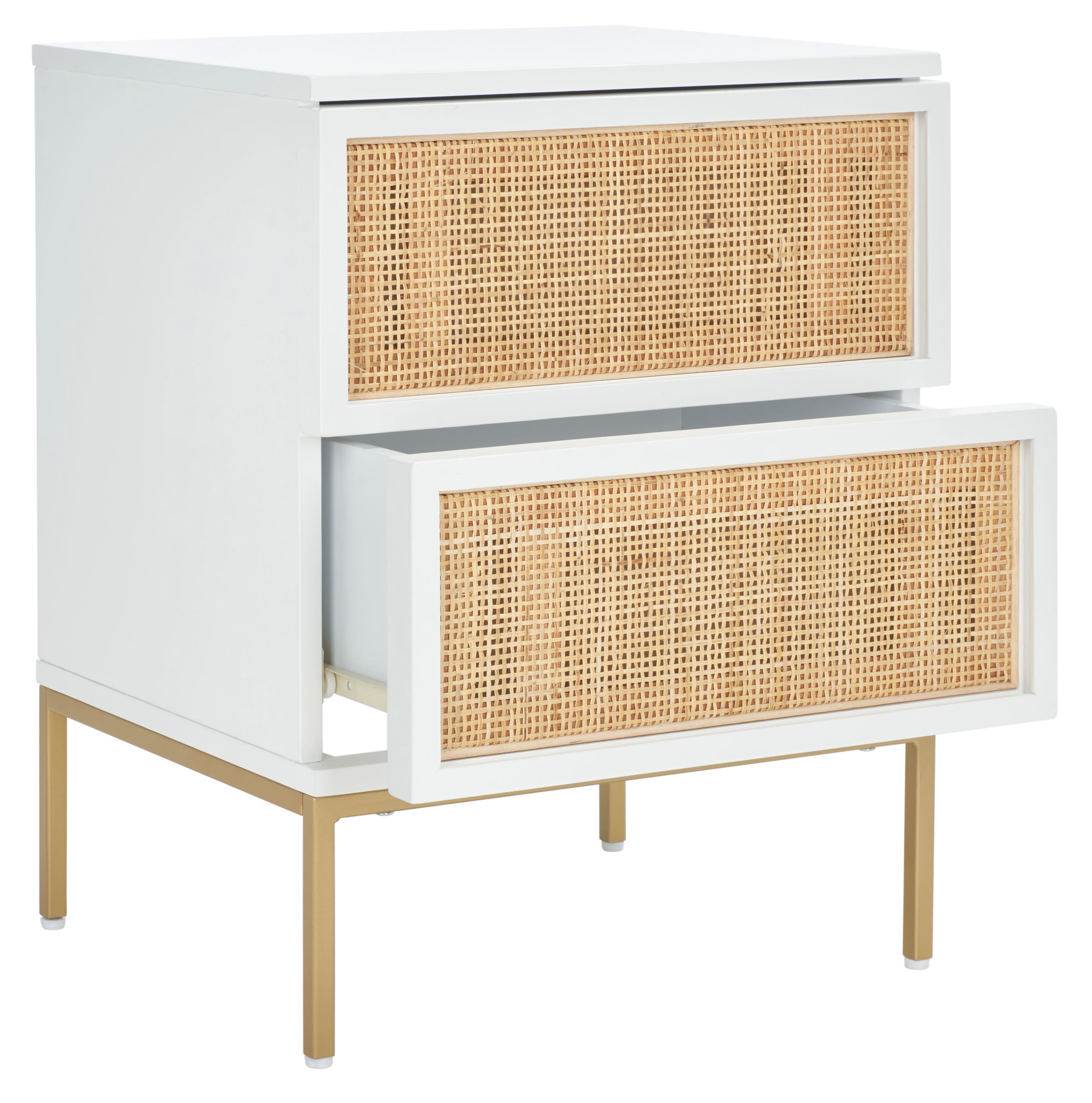SAFAVIEH Zadie 2 Drawer Rattan Nightstand, White w/ Natural Rattan/Gold Legs