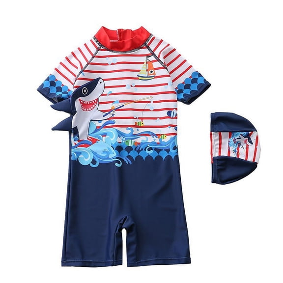 Newborn Baby Infant Boys Swimsuit with Hat Cartoon Print Short Sleeve Round Neck Jumpsuit Bathing Suit A18